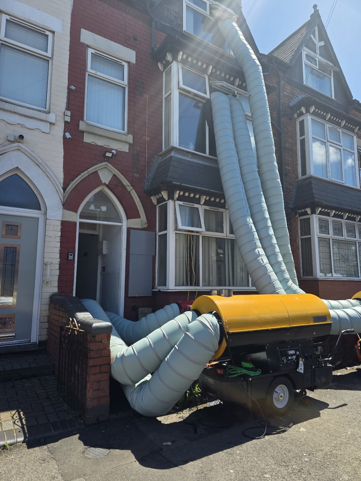 Bed bug heat treatment in progress at a Midlands property, industrial heater running